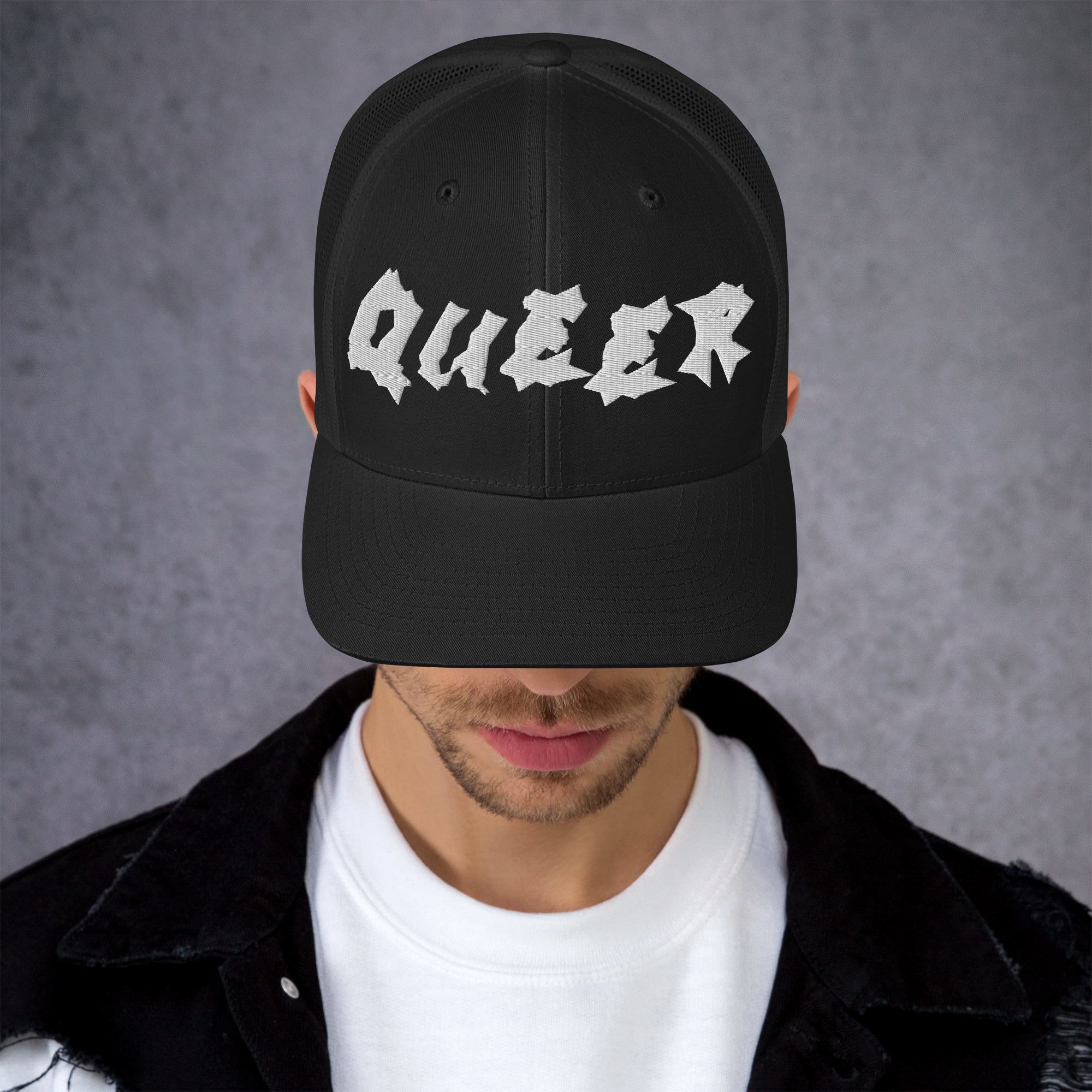 Queer Pride Hat Punk Lettering Embroidered on Black Trucker Cap Retro Trucker Hat