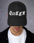 Queer Pride Hat Punk Lettering Embroidered on Black Trucker Cap Retro Trucker Hat