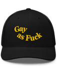 Gay as F*ck Black and Yellow Embroidered Vintage Typography Trucker Hat Retro Trucker Hat