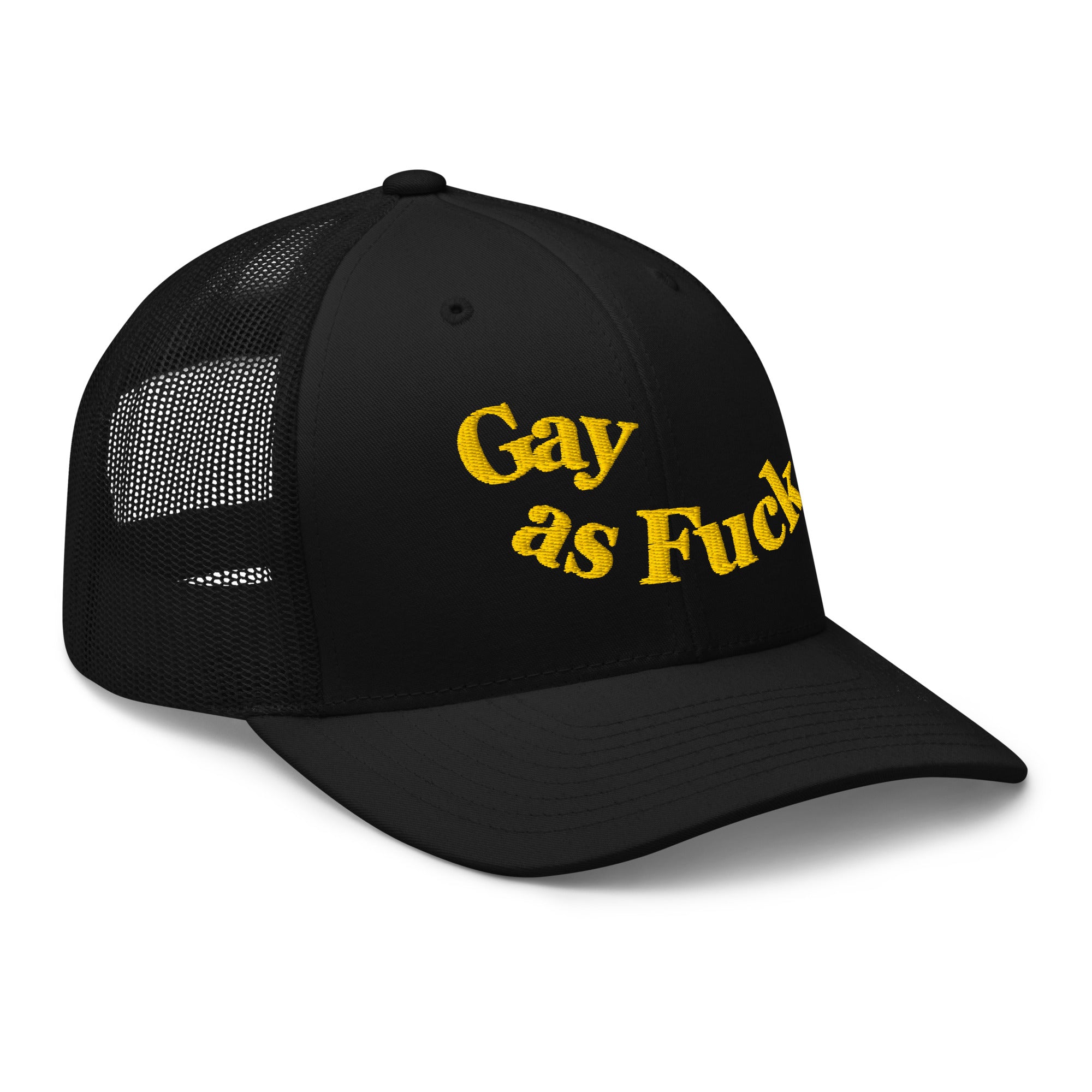 Gay as F*ck Black and Yellow Embroidered Vintage Typography Trucker Hat Retro Trucker Hat