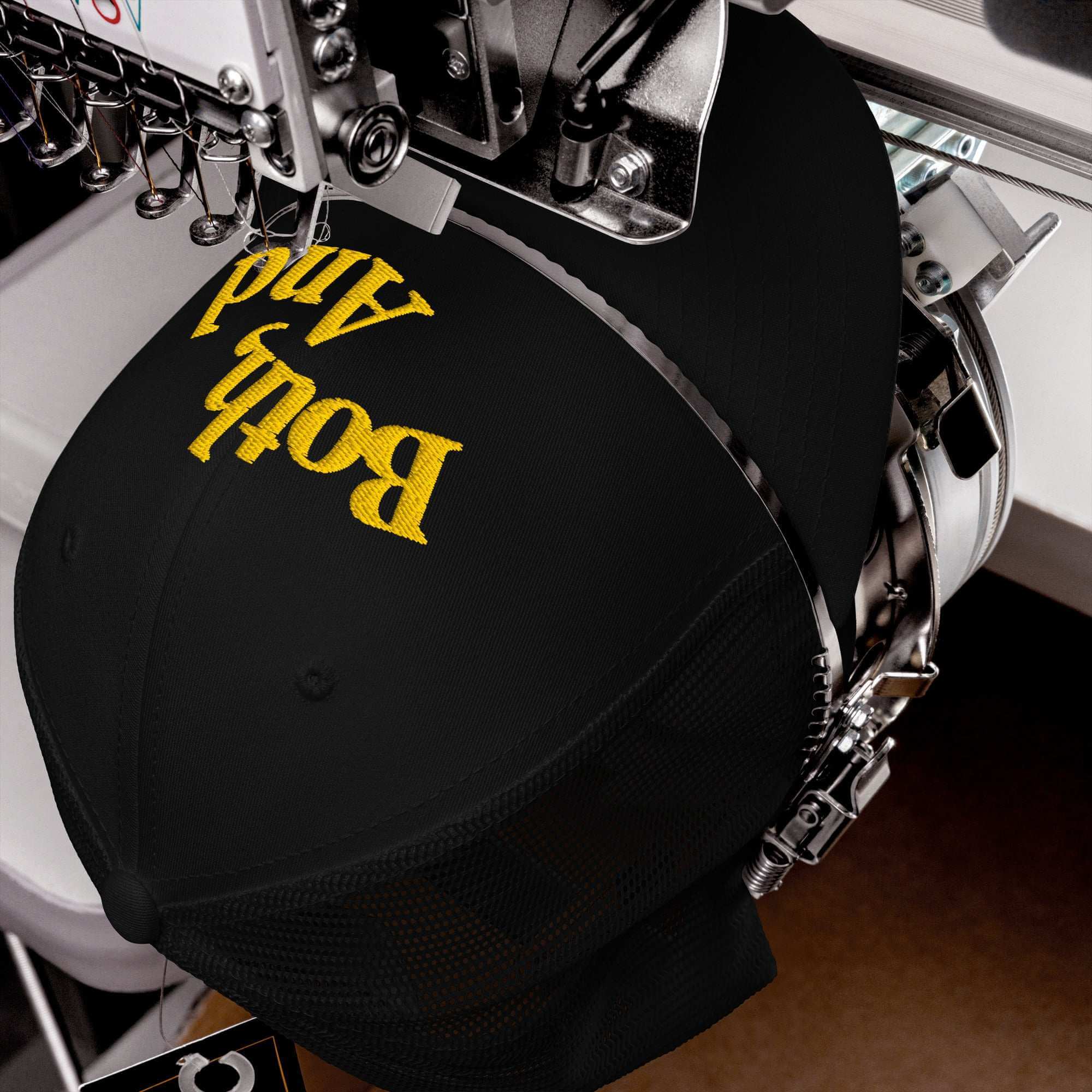Both, And Black and Yellow Gold Embroidered Trucker Hat Retro Trucker Hat