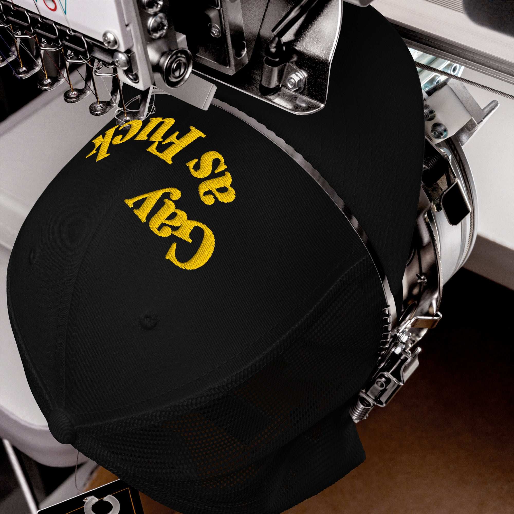 Gay as F*ck Black and Yellow Embroidered Vintage Typography Trucker Hat Retro Trucker Hat