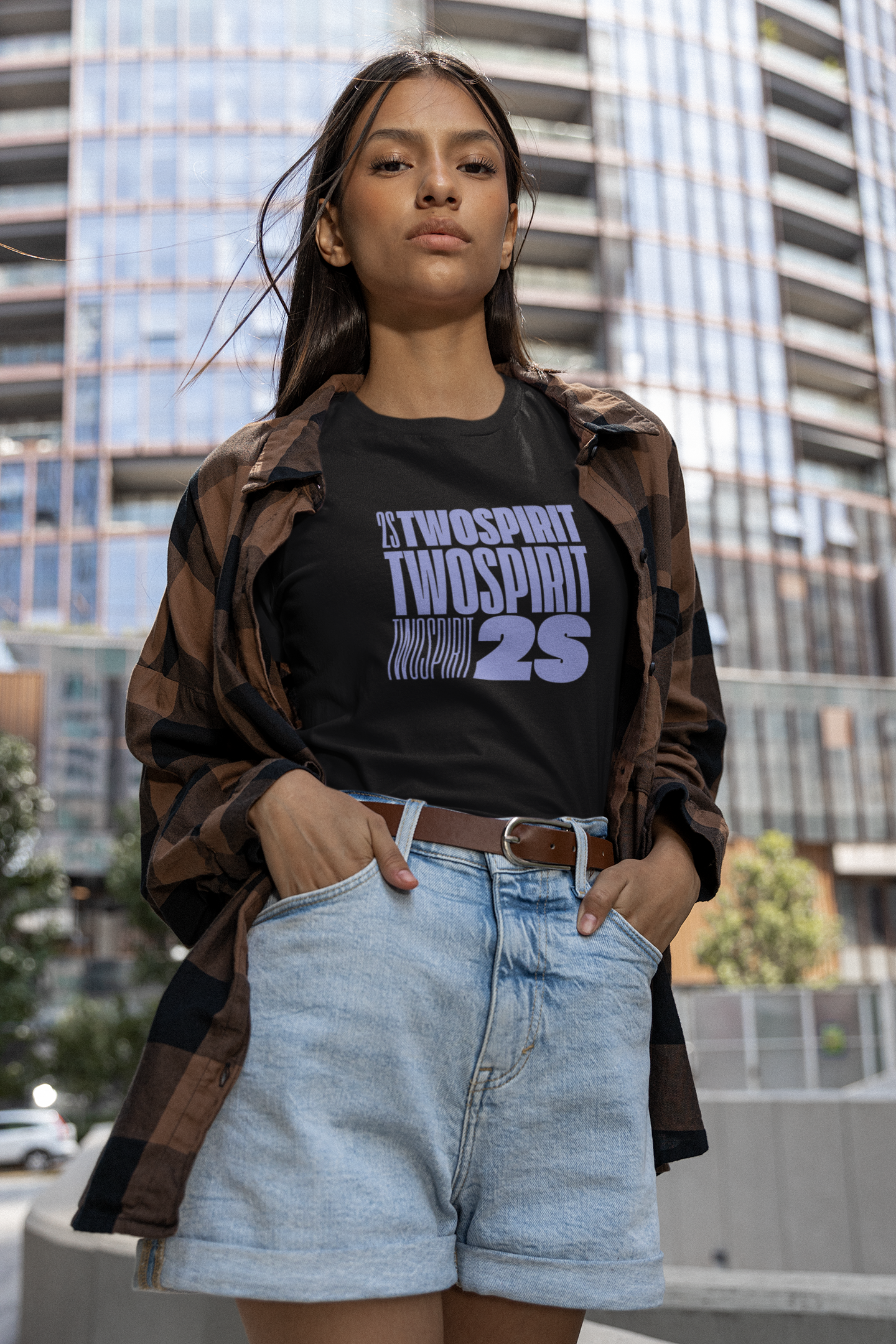 Two Spirit Indigenous Pride Lavender Word Block Art on front of Black Sleeveless Tank Top Relaxed Fit Sleeveless Tank Top