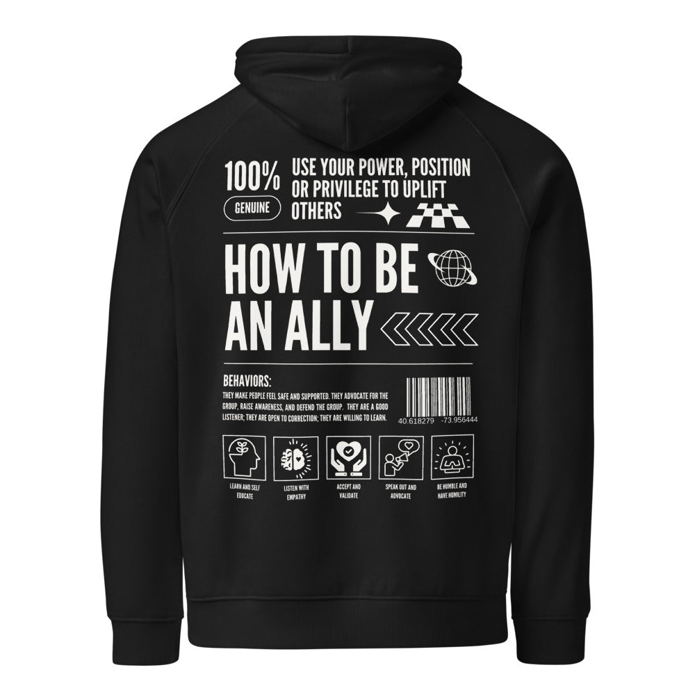 How to be an Ally Black Graphic Sweatshirt LGBTQIA2S+ Allyship Eco Raglan Hoodie Eco Raglan Hoodie