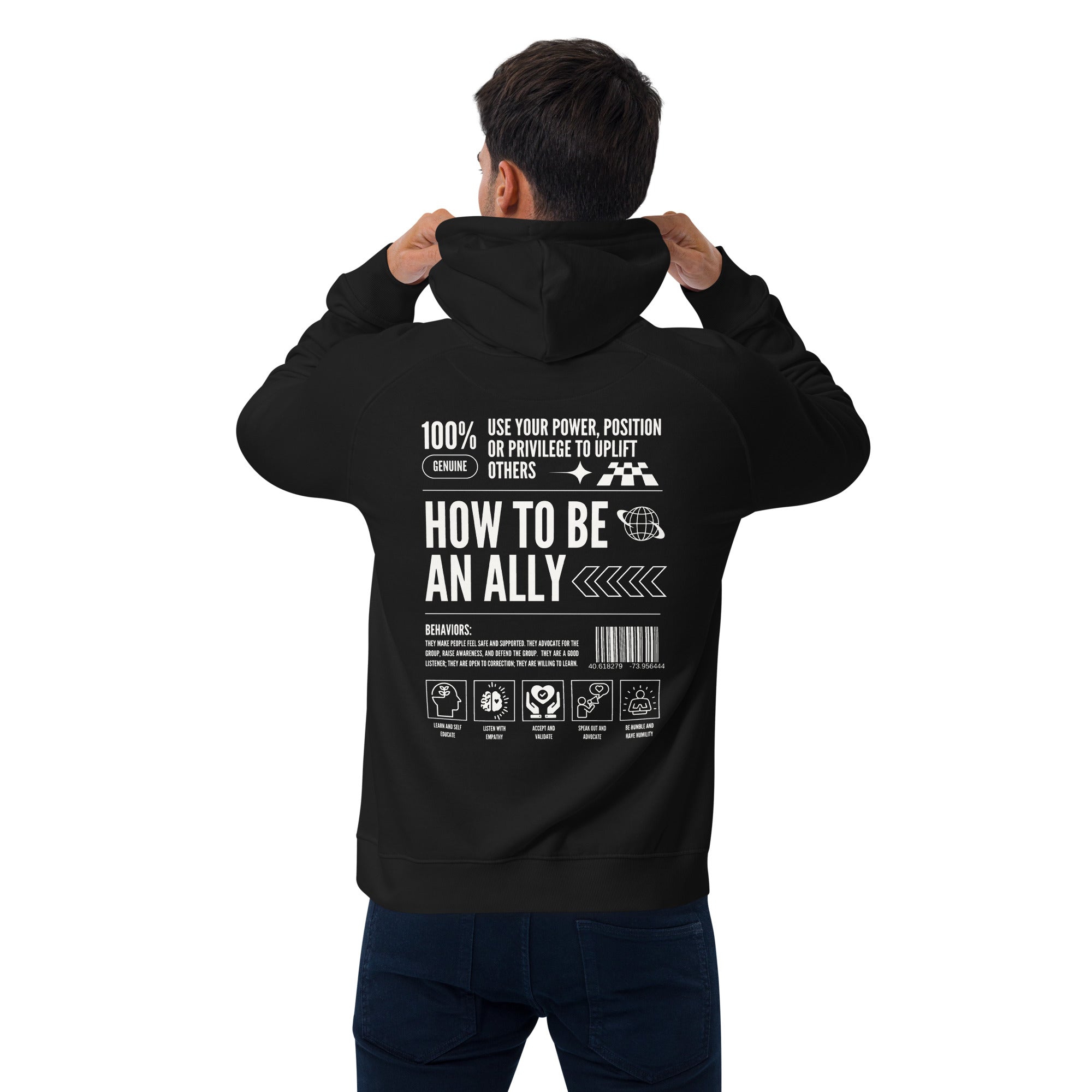 How to be an Ally Black Graphic Sweatshirt LGBTQIA2S+ Allyship Eco Raglan Hoodie Eco Raglan Hoodie