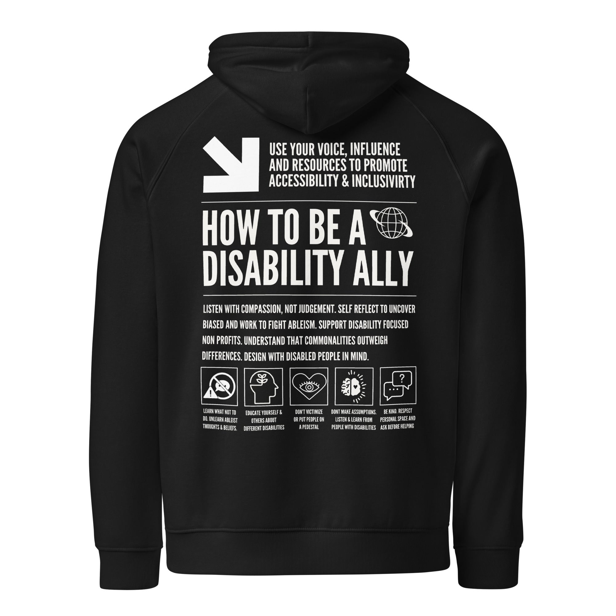 How to be a Disability Ally Black Graphic Sweatshirt Allyship Eco Raglan Hoodie Eco Raglan Hoodie