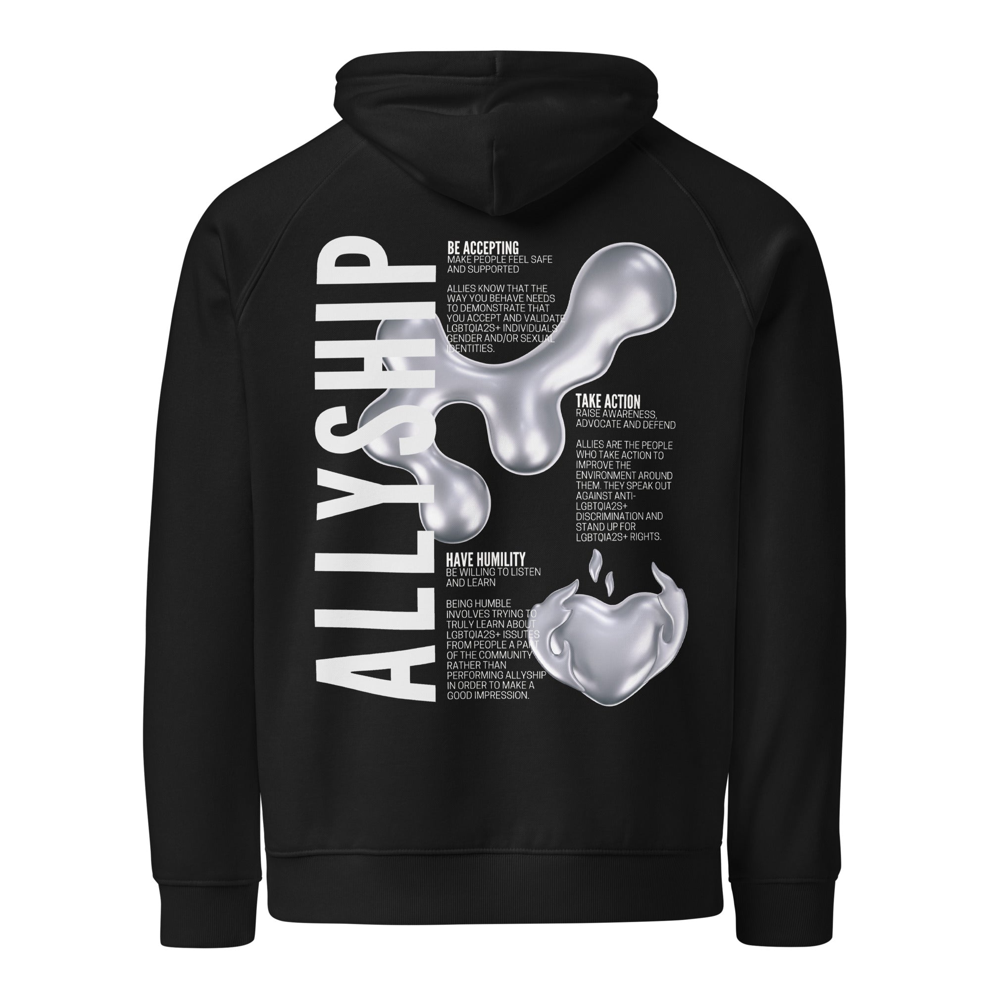 Allyship Graphic on Back of Black Sweatshirt Eco Raglan Hoodie Eco Raglan Hoodie