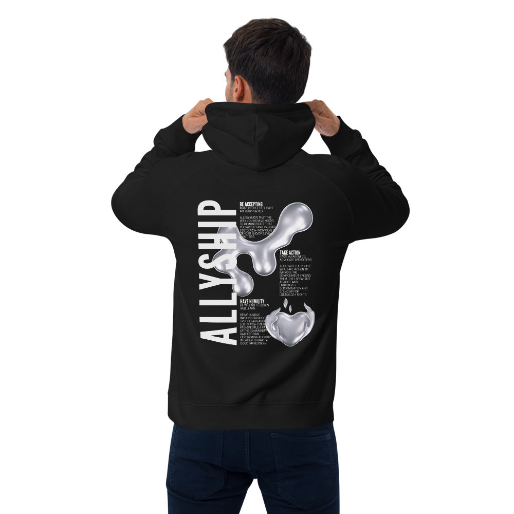 Allyship Graphic on Back of Black Sweatshirt Eco Raglan Hoodie Eco Raglan Hoodie