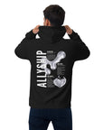 Allyship Graphic on Back of Black Sweatshirt Eco Raglan Hoodie Eco Raglan Hoodie