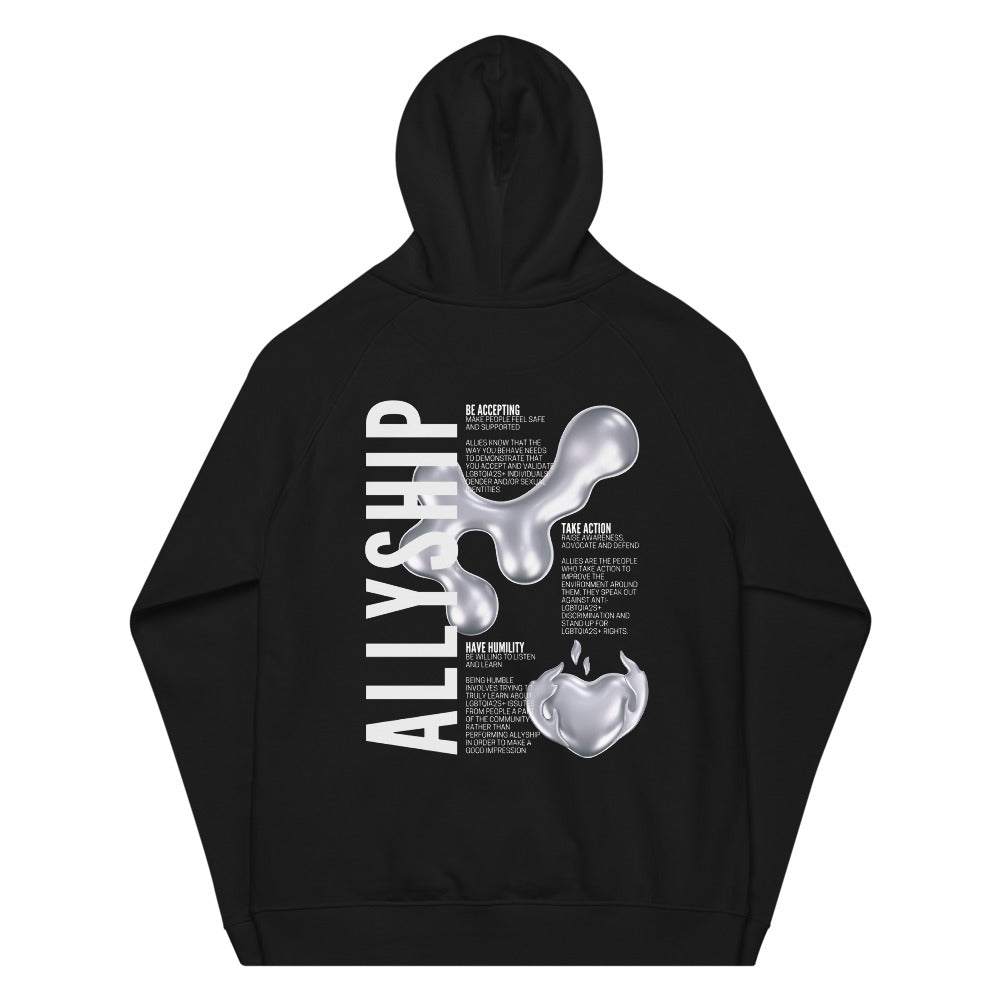 Allyship Graphic on Back of Black Sweatshirt Eco Raglan Hoodie Eco Raglan Hoodie