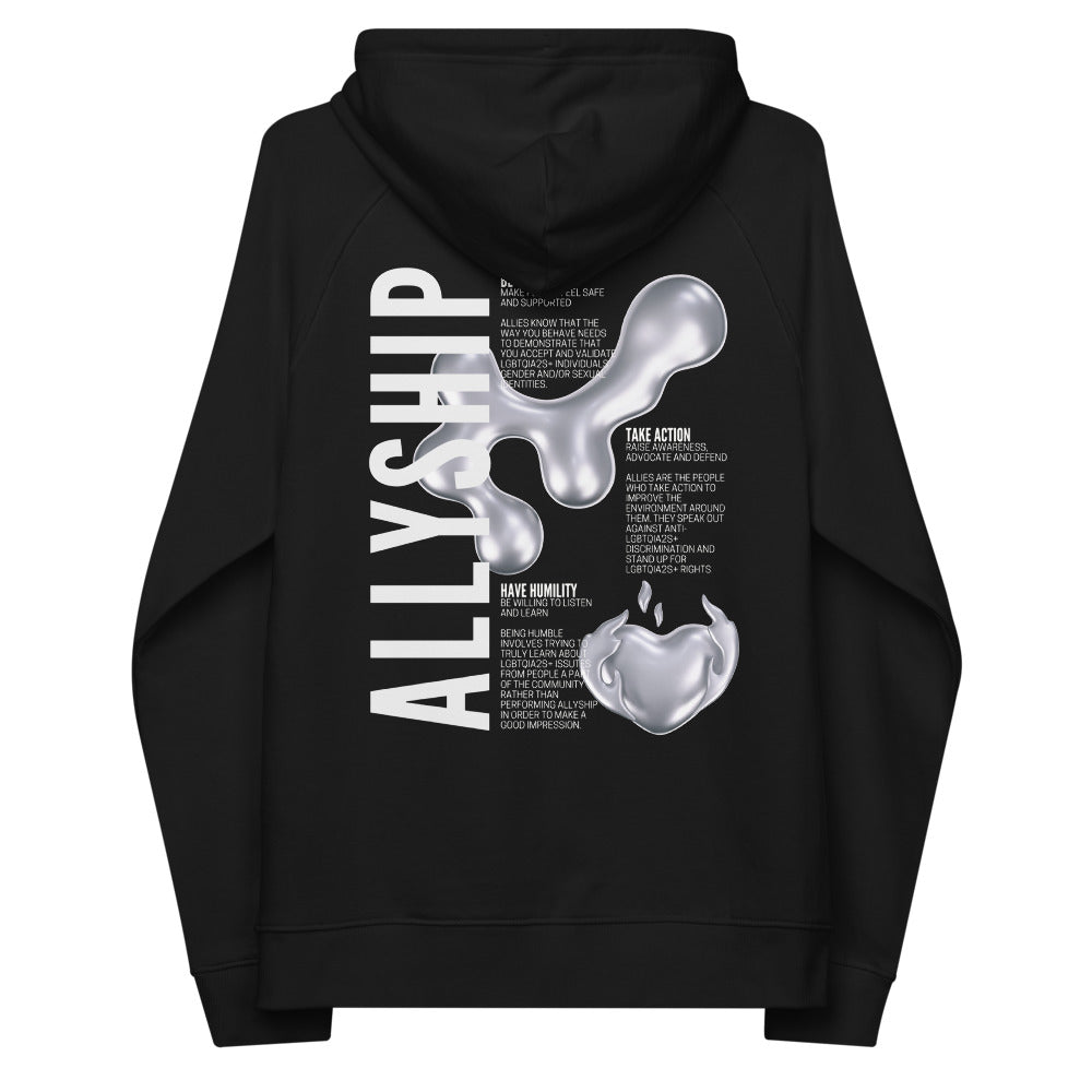 Allyship Graphic on Back of Black Sweatshirt Eco Raglan Hoodie Eco Raglan Hoodie