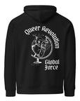 Queer Revolution, Global Force Graphic Sweatshirt LGBTQIA2S+ Pride on back of Black or Gray Eco Raglan Hoodie Eco Raglan Hoodie