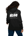 BlaQ Graphic Hoodie Streetwear Graffiti Style Design Intersectional Pride on back of Black Eco Raglan Hoodie