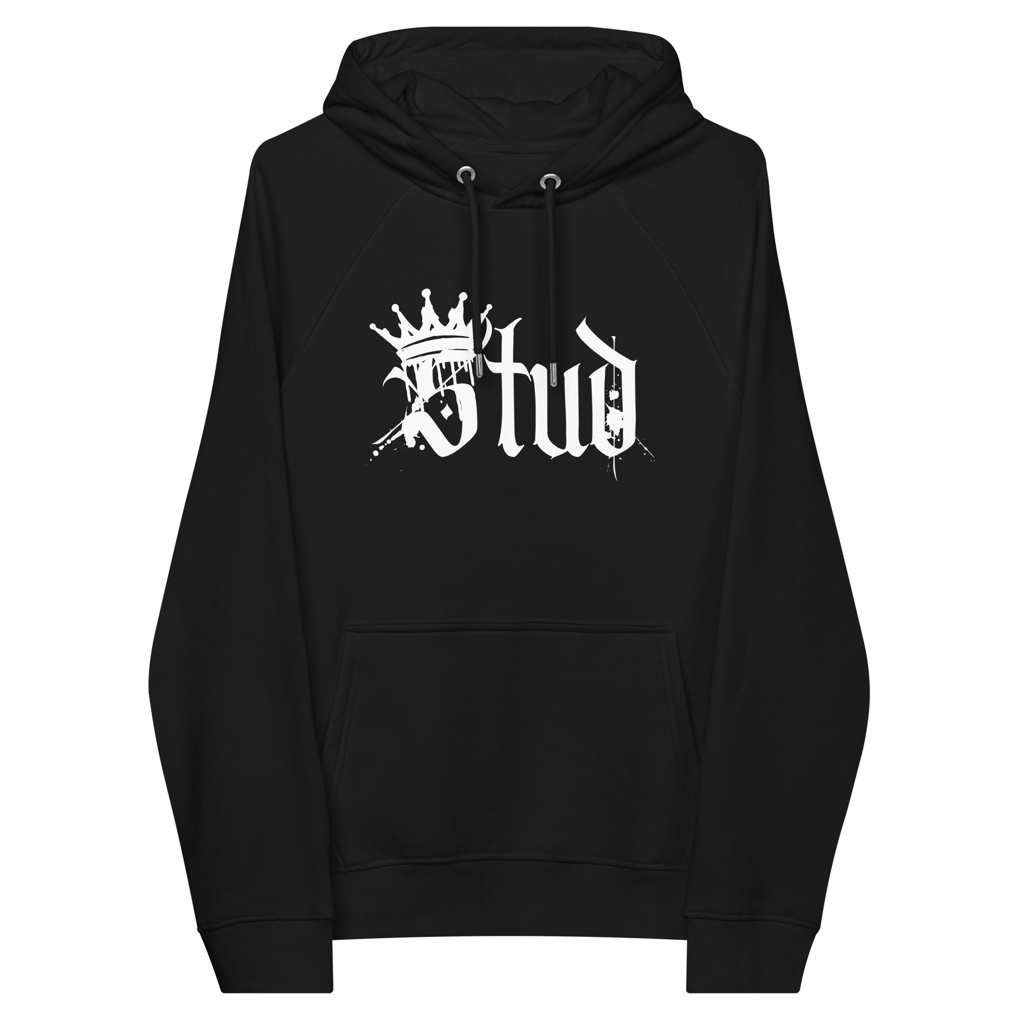 Stud Pride Sweatshirt Spray Paint with Crown on front of Black Eco Raglan Hoodie
