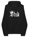 Stud Pride Sweatshirt Spray Paint with Crown on front of Black Eco Raglan Hoodie