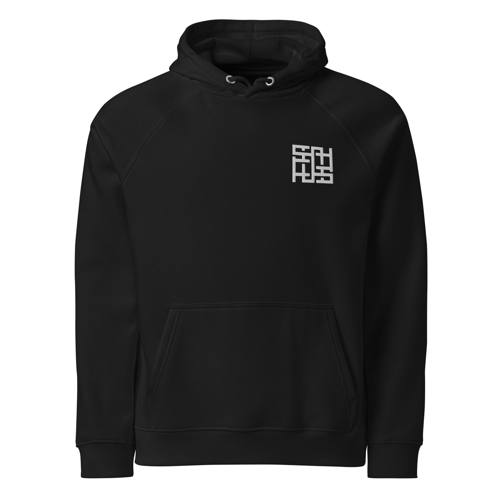 Emblem Embroidered on Front of Black Sweatshirt Nova Edge Threads Emblem Clean Black Eco Raglan Hoodie Eco Raglan Hoodie