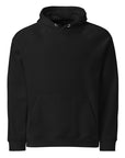 Full front view of the black raglan hoodie