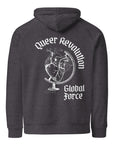 Queer Revolution, Global Force Graphic Sweatshirt LGBTQIA2S+ Pride on back of Black or Gray Eco Raglan Hoodie Eco Raglan Hoodie