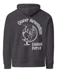 Queer Revolution, Global Force Graphic Sweatshirt LGBTQIA2S+ Pride on back of Black or Gray Eco Raglan Hoodie Eco Raglan Hoodie