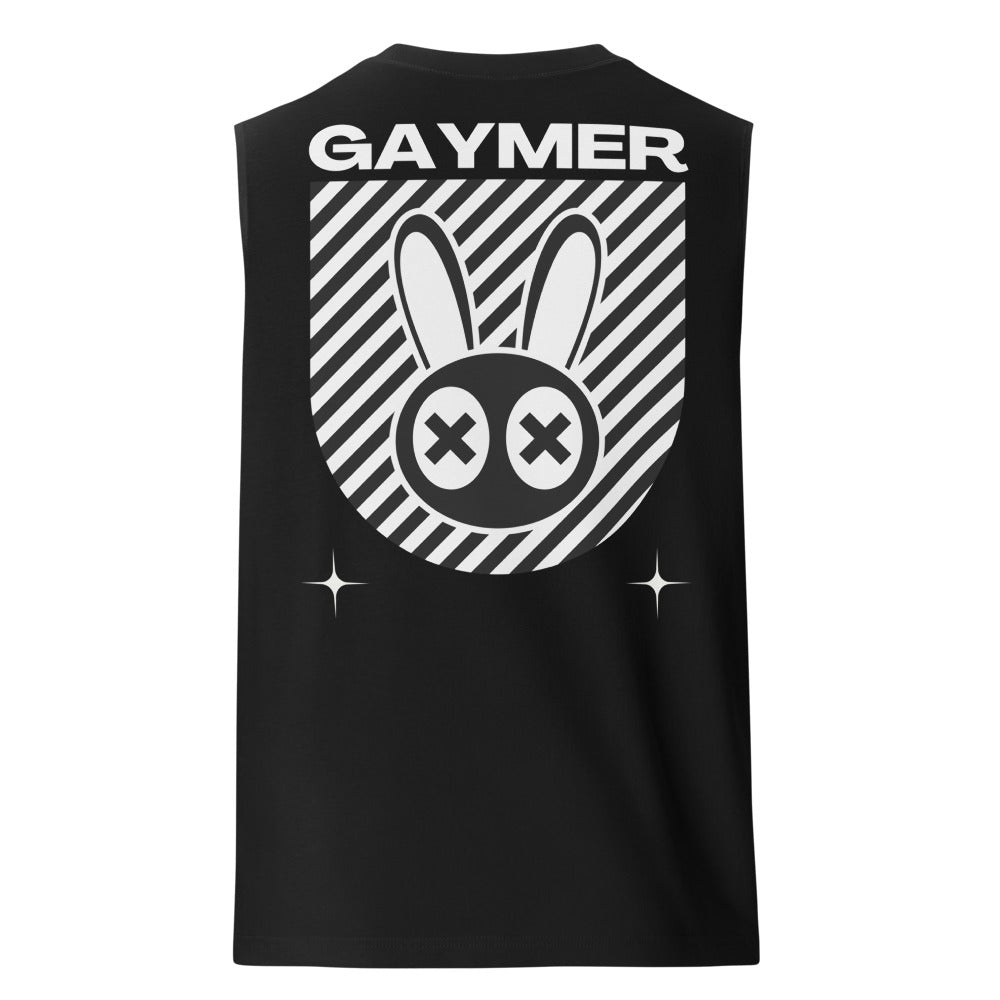 Gaymer Pride Streetwear Style LGBTQ+ Pride Video Games on back of Black Tank Top Relaxed Fit Sleeveless Tank Top