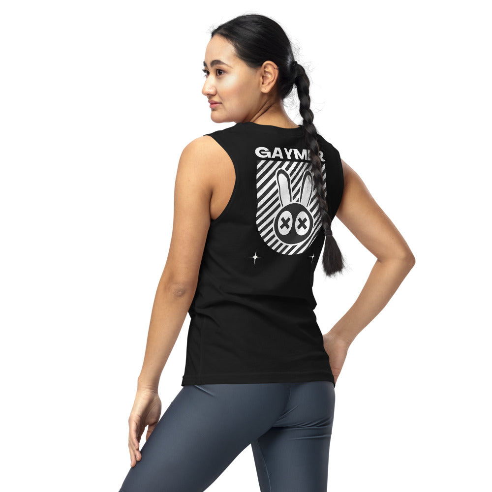 Gaymer Pride Streetwear Style LGBTQ+ Pride Video Games on back of Black Tank Top Relaxed Fit Sleeveless Tank Top