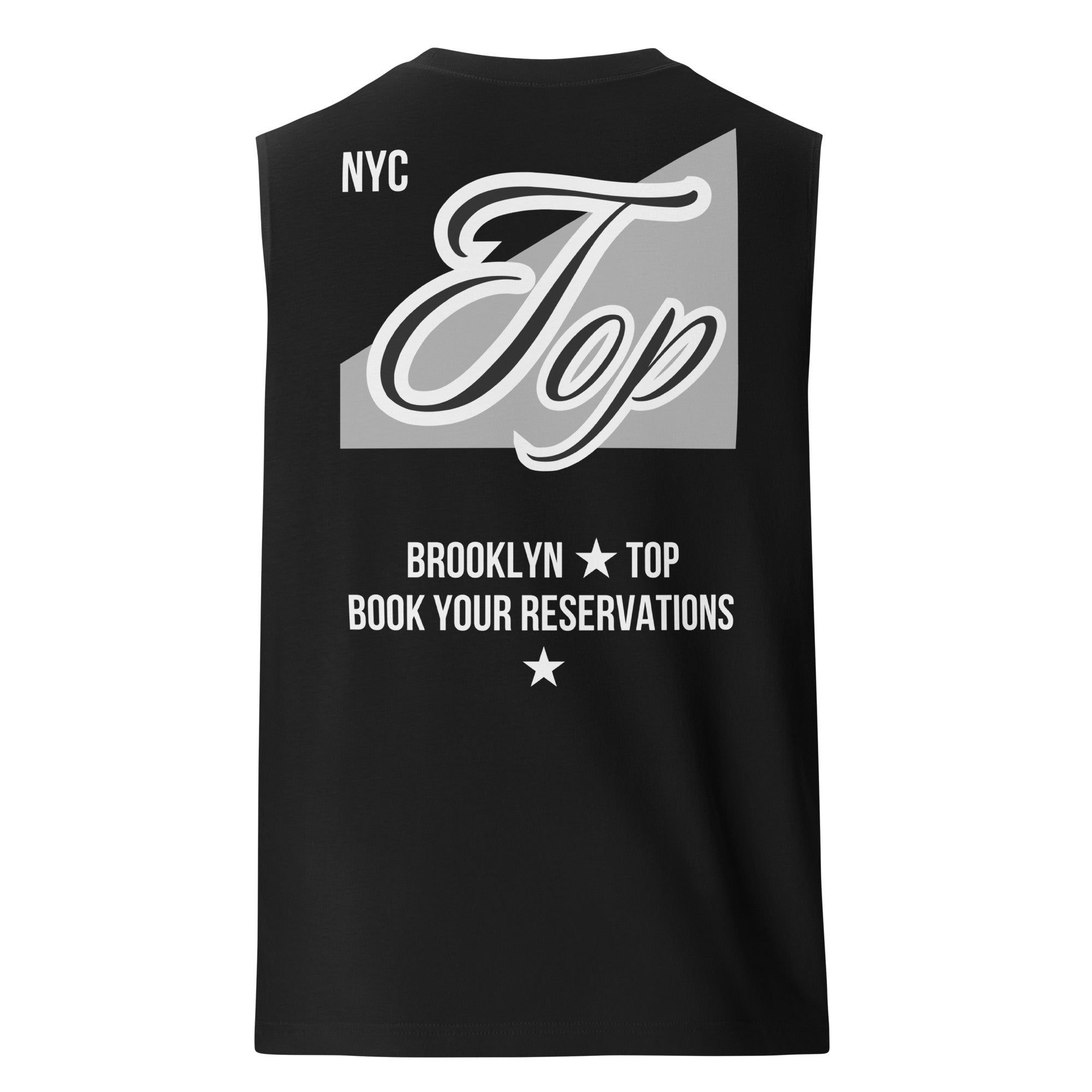 NYC Top Book your Reservations Brooklyn Gay Pride on back of Black Sleeveless Tank Top Relaxed Fit Sleeveless Tank Top