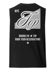 NYC Top Book your Reservations Brooklyn Gay Pride on back of Black Sleeveless Tank Top Relaxed Fit Sleeveless Tank Top