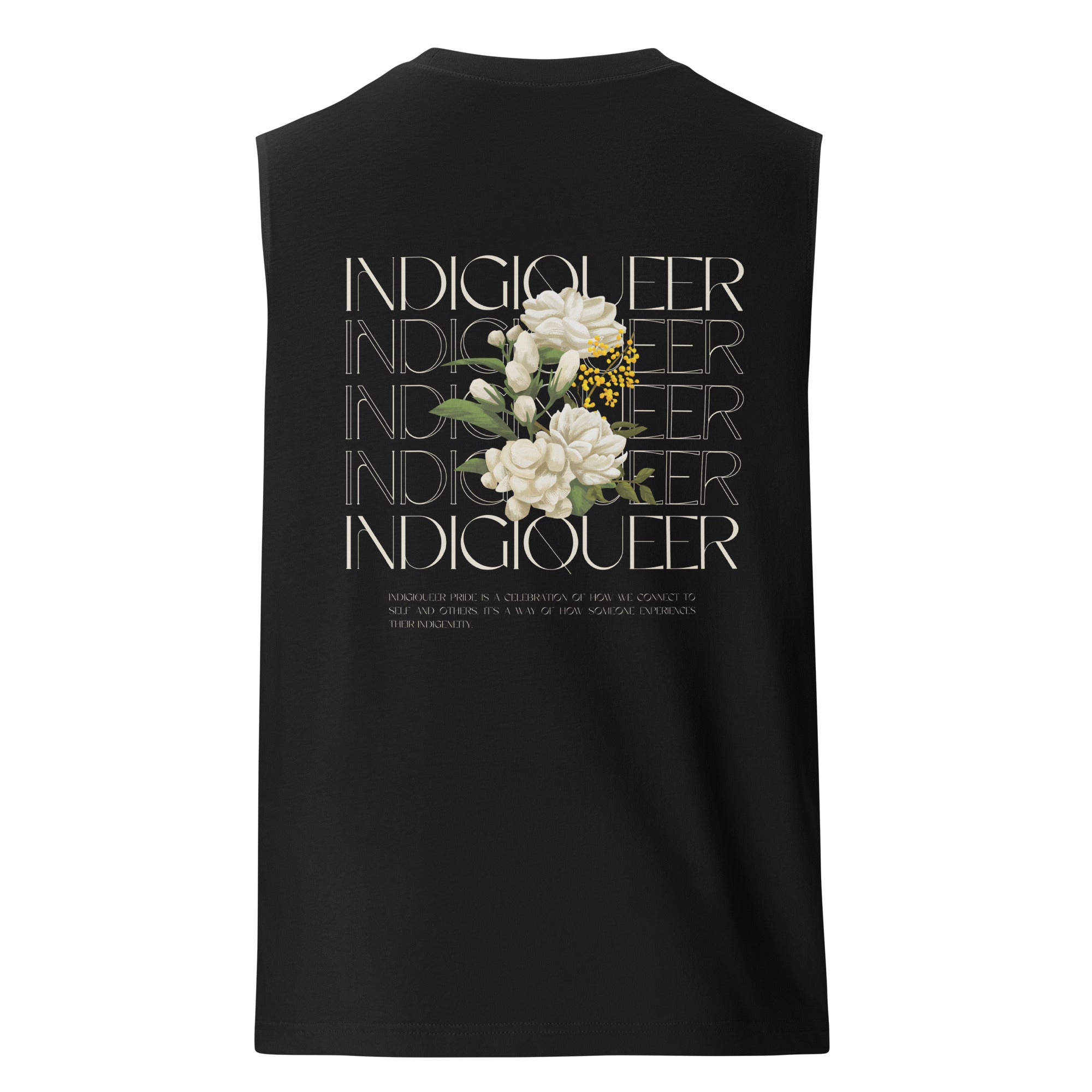 Indigiqueer Pride Vintage Flower Design on back of Black Relaxed Fit Sleeveless Tank Top Relaxed Fit Sleeveless Tank Top