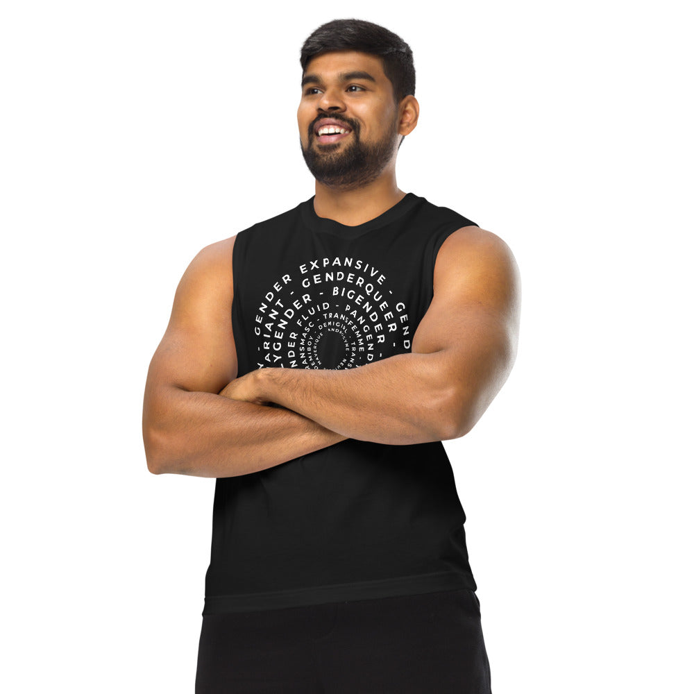 Word Art in Circles with different Gender Identities on front of Black Sleeveless Tank Top Relaxed Fit Sleeveless Tank Top