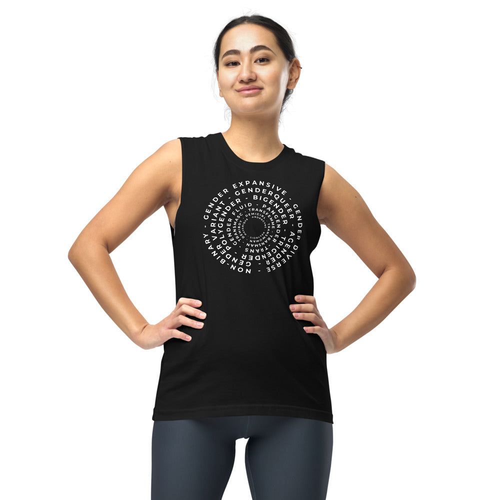 Word Art in Circles with different Gender Identities on front of Black Sleeveless Tank Top Relaxed Fit Sleeveless Tank Top