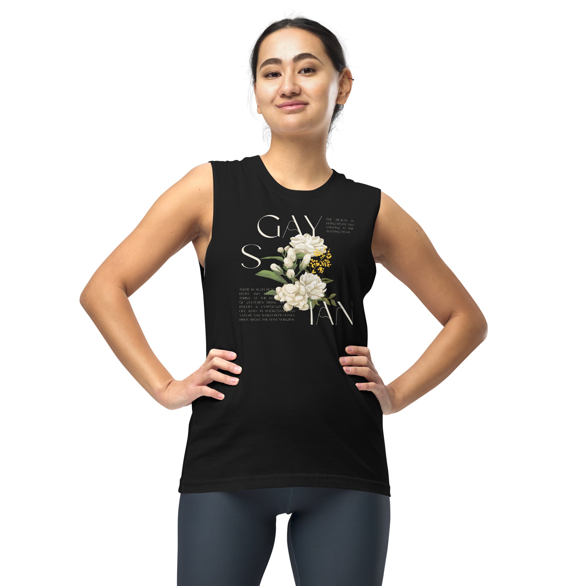 Gaysian Pride Vintage Flower Design on front of Black Relaxed Fit Sleeveless Tank Top Relaxed Fit Sleeveless Tank Top
