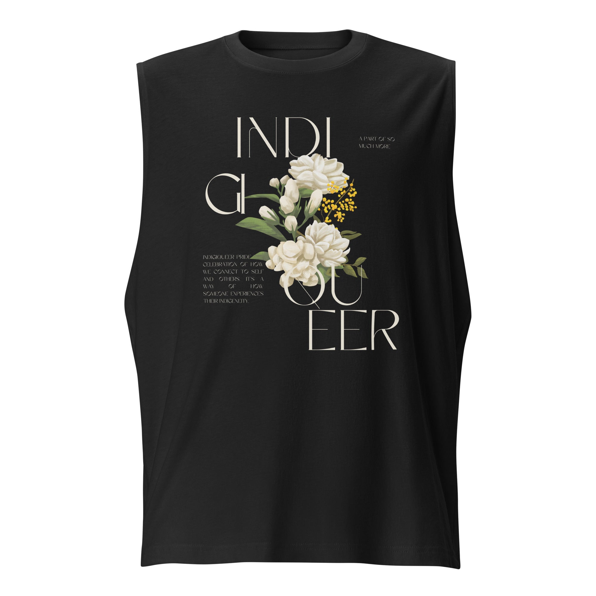 Indigiqueer Pride Vintage Flower Design on front of Black Relaxed Fit Sleeveless Tank Top Relaxed Fit Sleeveless Tank Top