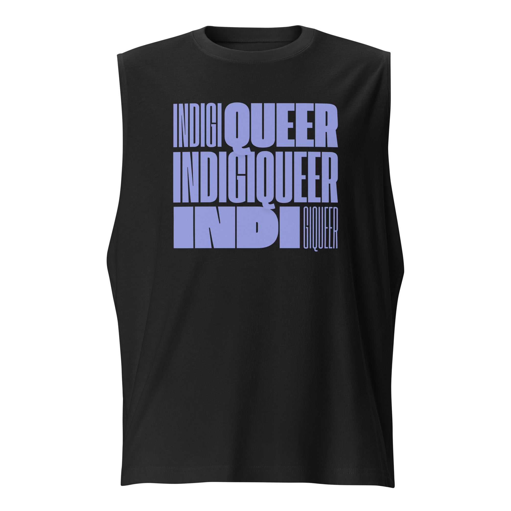 Indigiqueer Pride Lavender Word Art on front of Relaxed Fit Sleeveless Tank Top Relaxed Fit Sleeveless Tank Top