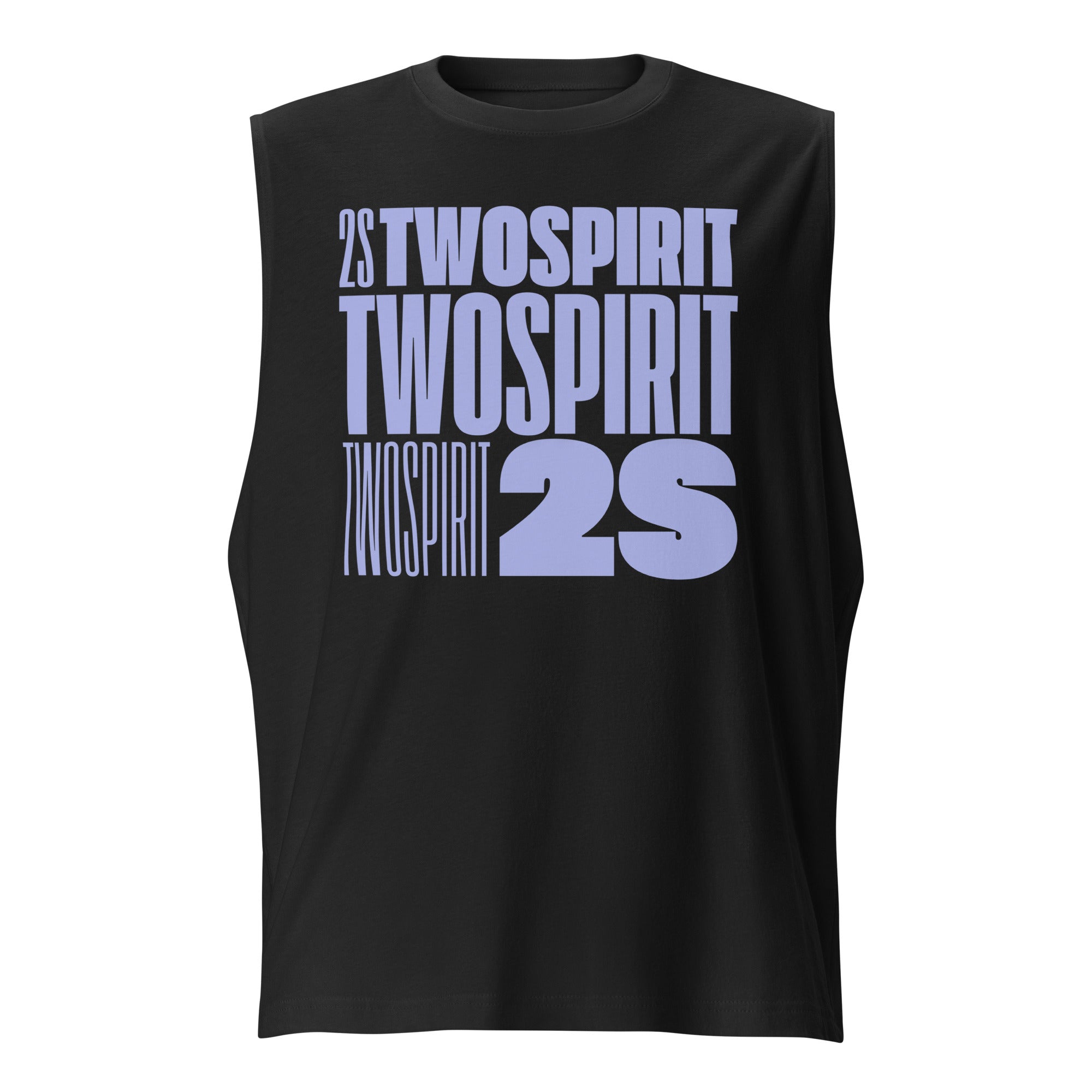 Two Spirit Indigenous Pride Lavender Word Block Art on front of Black Sleeveless Tank Top Relaxed Fit Sleeveless Tank Top