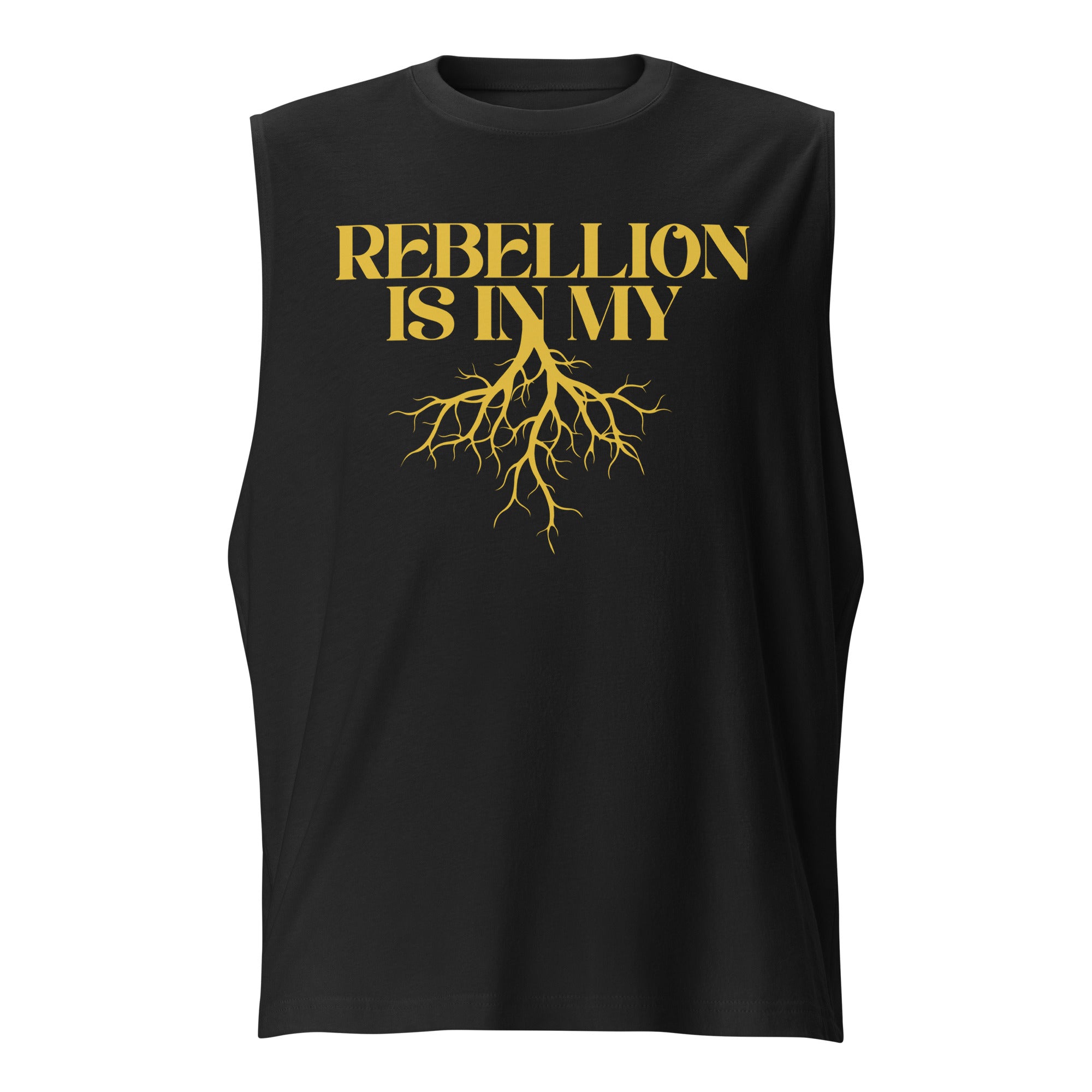 Rebellion is in my roots Black and Yellow Protest Relaxed Fit Sleeveless Tank Top Relaxed Fit Sleeveless Tank Top