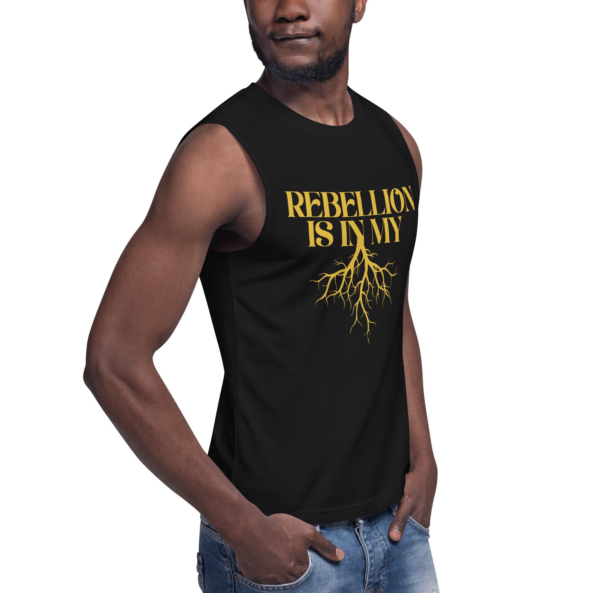 Rebellion is in my roots Black and Yellow Protest Relaxed Fit Sleeveless Tank Top Relaxed Fit Sleeveless Tank Top