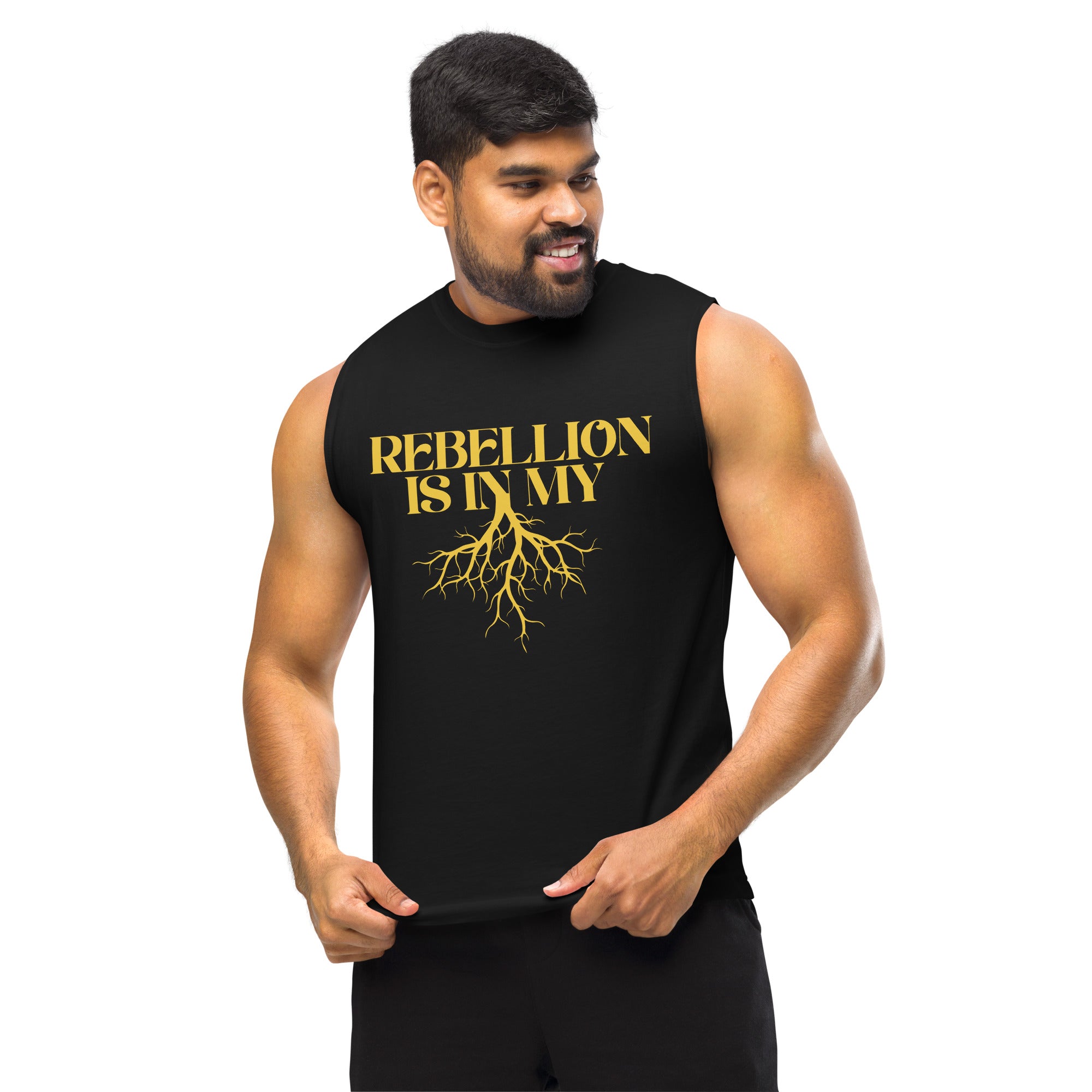 Rebellion is in my roots Black and Yellow Protest Relaxed Fit Sleeveless Tank Top Relaxed Fit Sleeveless Tank Top