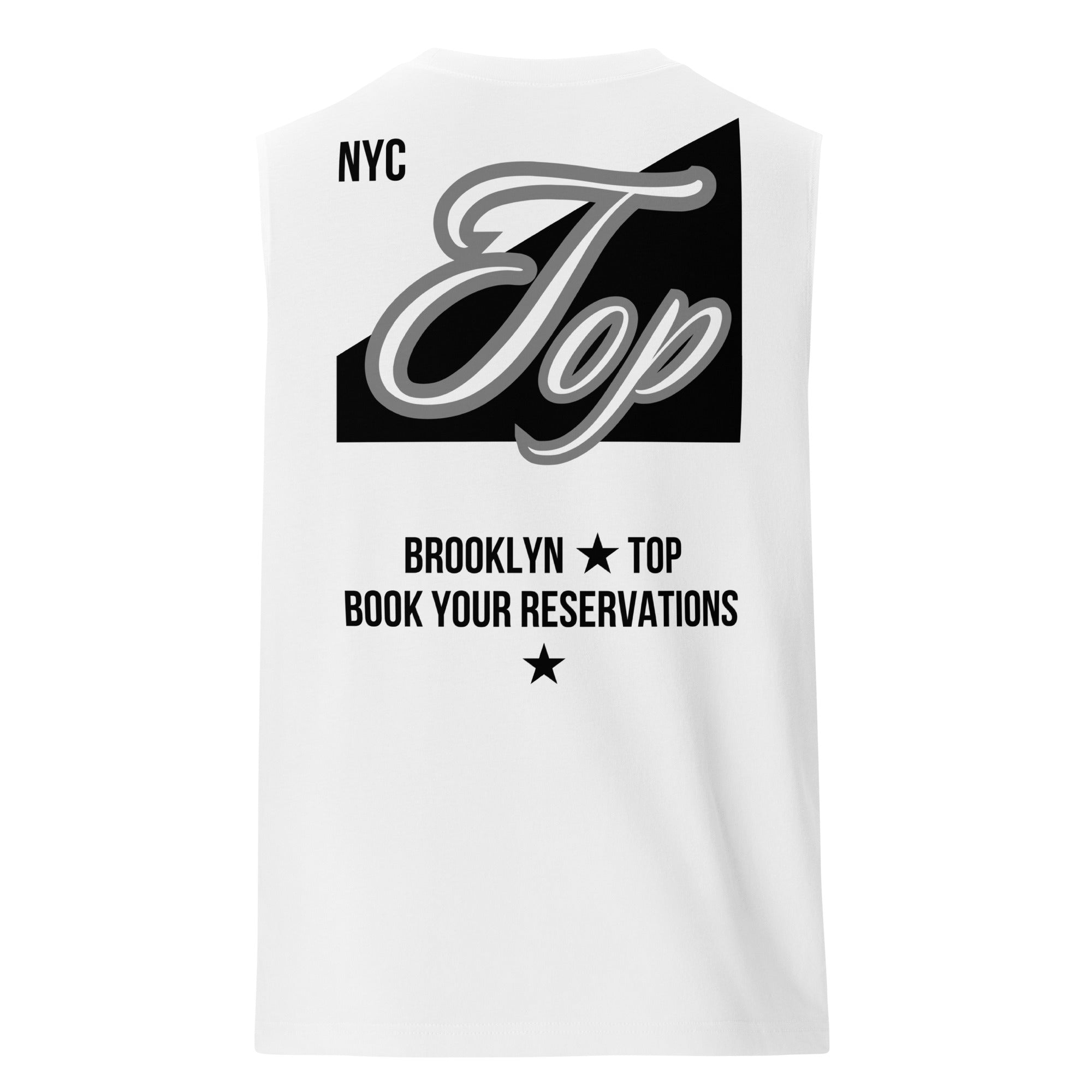 NYC Top Tank Book your Reservations Gay Pride on back of Relaxed Fit Sleeveless Tank Top Relaxed Fit T-Shirt