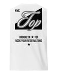 NYC Top Tank Book your Reservations Gay Pride on back of Relaxed Fit Sleeveless Tank Top Relaxed Fit T-Shirt