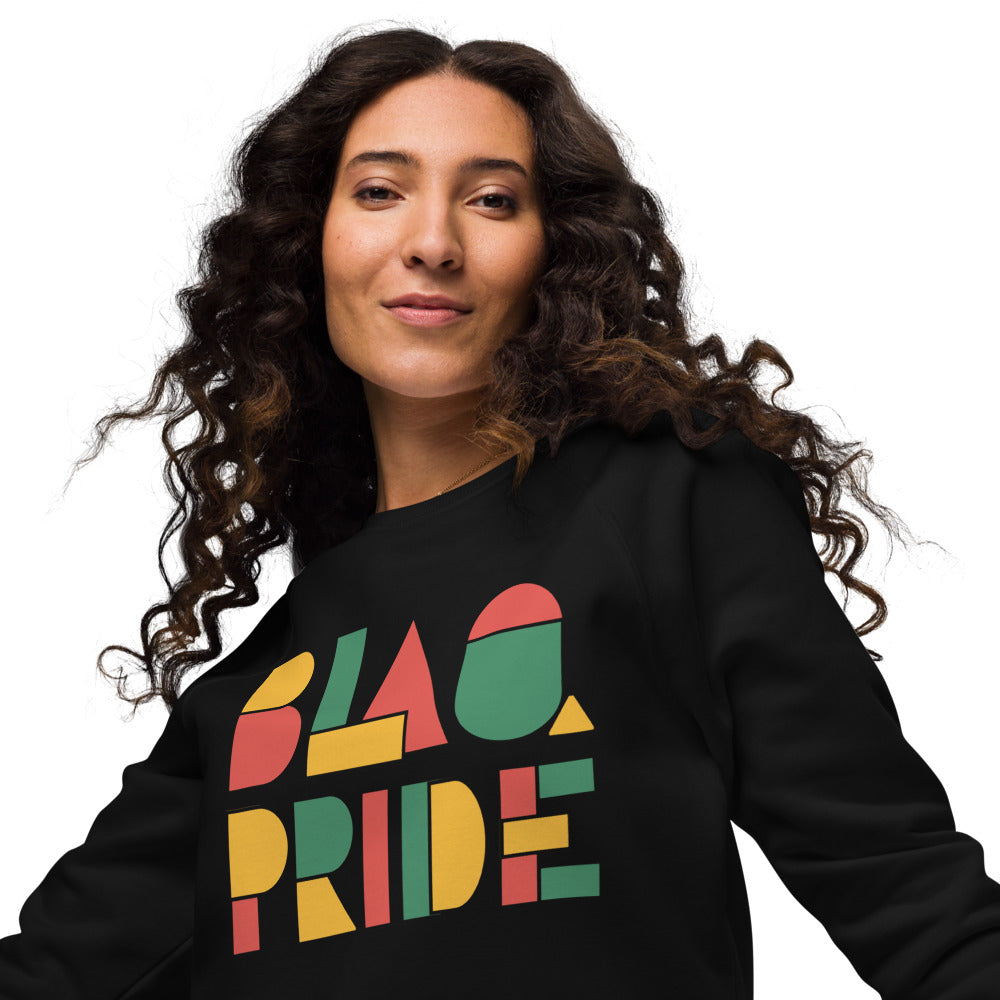 BlaQ Pride Geometric Design Iconic African Culture Colors on Black Organic Cotton Raglan Sweatshirt Organic Raglan Sweatshirt