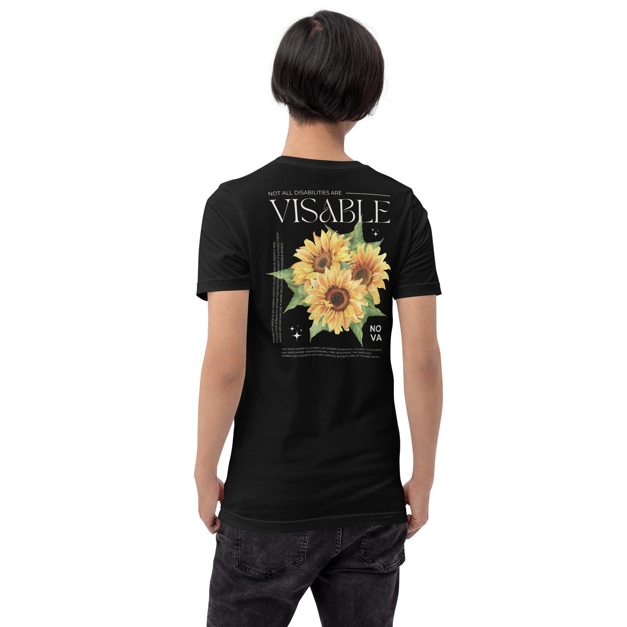 Sunflower Hidden Disabilities Pride on back of Size Inclusive Black Relaxed Fit T-shirt Oversize Deep Drop Shoulder Tee - 190 GSM