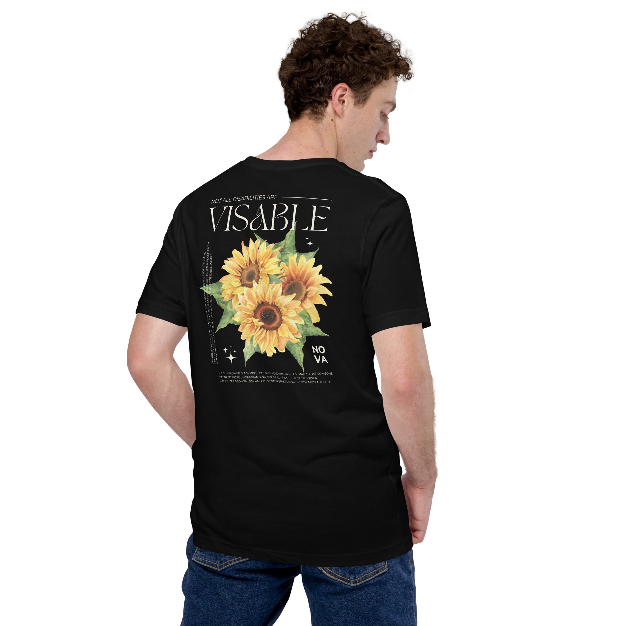 Sunflower Hidden Disabilities Pride on back of Size Inclusive Black Relaxed Fit T-shirt Oversize Deep Drop Shoulder Tee - 190 GSM