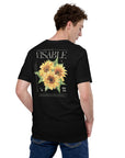 Sunflower Hidden Disabilities Pride on back of Size Inclusive Black Relaxed Fit T-shirt Oversize Deep Drop Shoulder Tee - 190 GSM