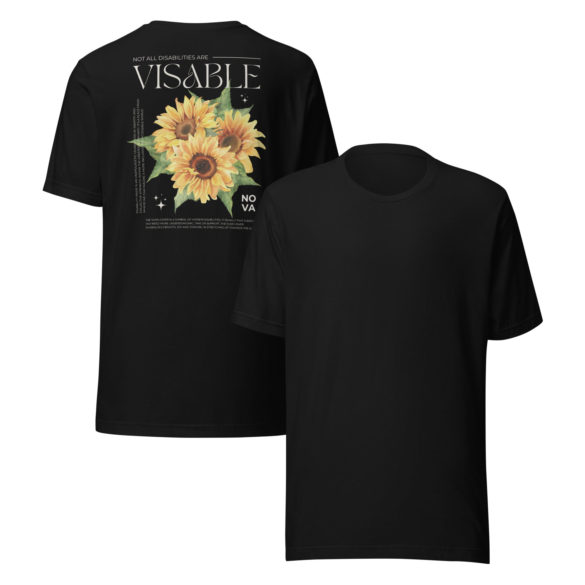 Sunflower Hidden Disabilities Pride on back of Size Inclusive Black Relaxed Fit T-shirt Oversize Deep Drop Shoulder Tee - 190 GSM