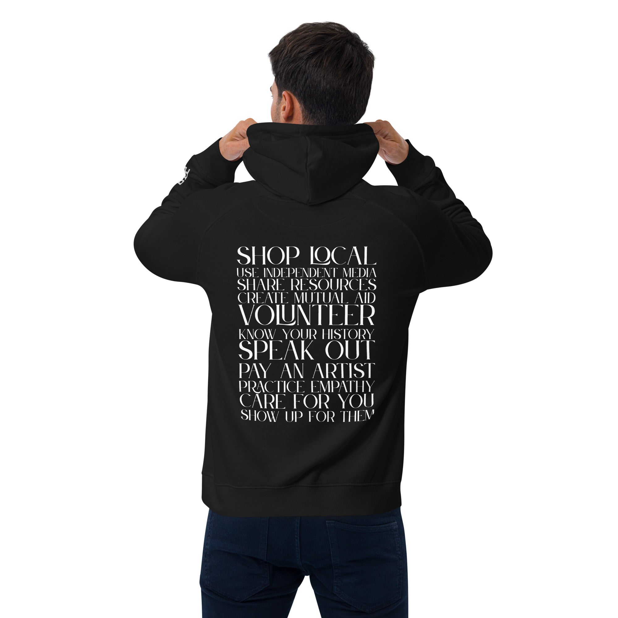 How to Resist and Share with Others on back of Black Eco Raglan Hoodie
