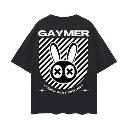 Camiseta con estampado de conejo de Gaymer ¿Quieres jugar conmigo? Camiseta negra de hombros caídos y gran tamaño - 190 g/m²