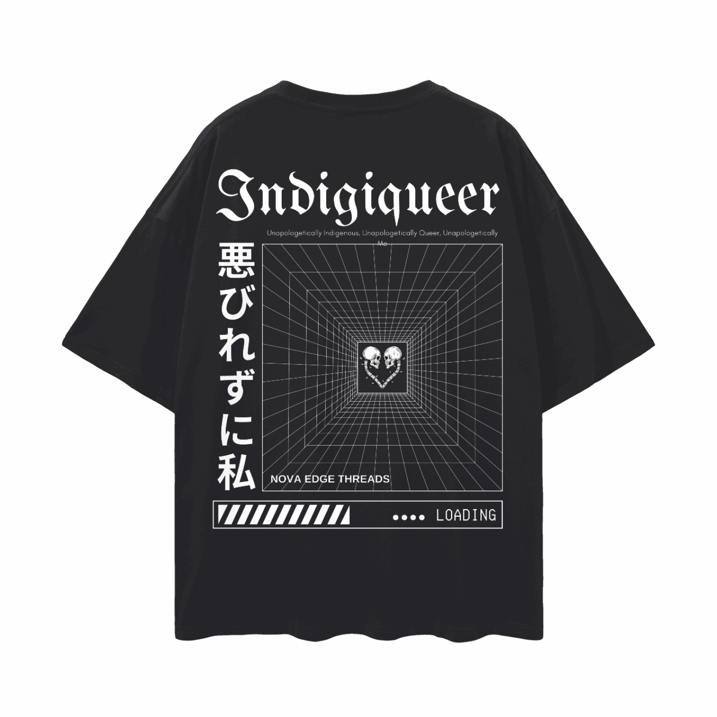 Unapologetically Indigiqueer Japanese Streetwear Style on back of Black Oversize Deep Drop Shoulder Tee