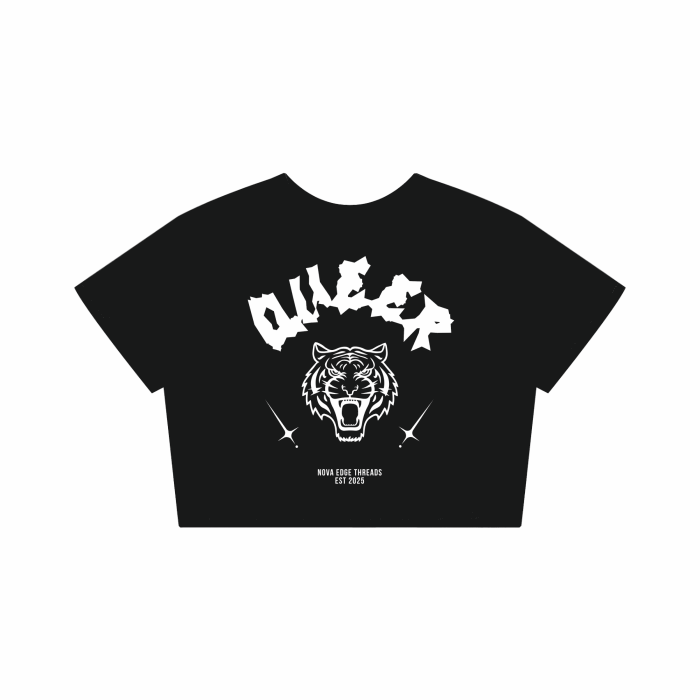 Queer Pride Tattoo Inspired Tiger Design on front of Black Seamless Mini Tee Seamless Mini Tee