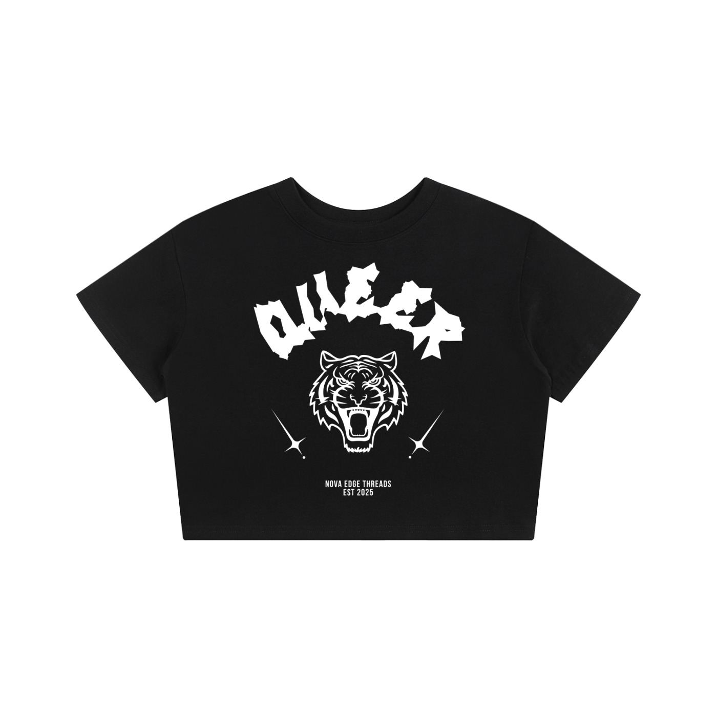 Queer Pride Tattoo Inspired Tiger Design on front of Black Seamless Mini Tee Seamless Mini Tee