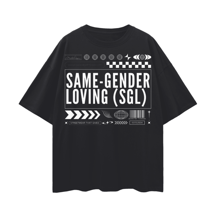 Camiseta de orgullo que ama el mismo género. Camiseta negra interseccional con hombros caídos profundos. SGL. Ropa de calle en la parte delantera de la camiseta negra de gran tamaño. 190 g/m²